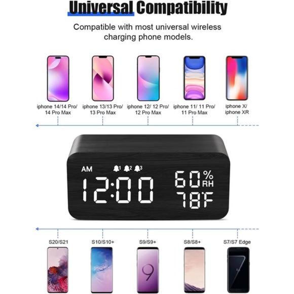 Wooden Digital Alarm Clock with Wireless Charging, Dimmable, Adjustable Volume - Picture 4 of 7